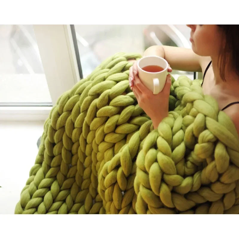 WASART Chunky merino wool blanket thick large yarn roving knitted blanket winter warm plaid throw blankets sofa bed blanket