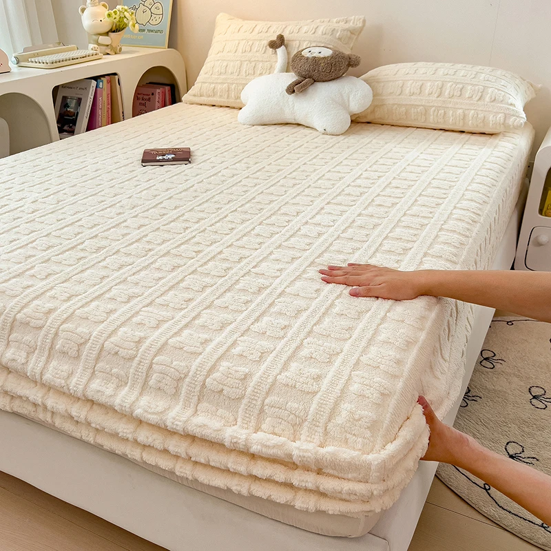 Jacquard Fleece Velvet Fitted Sheet Plush Soft Bed Cover Mattress Cover with Elastic Band Autumn Winter Warm Bed Sheet 120/160cm