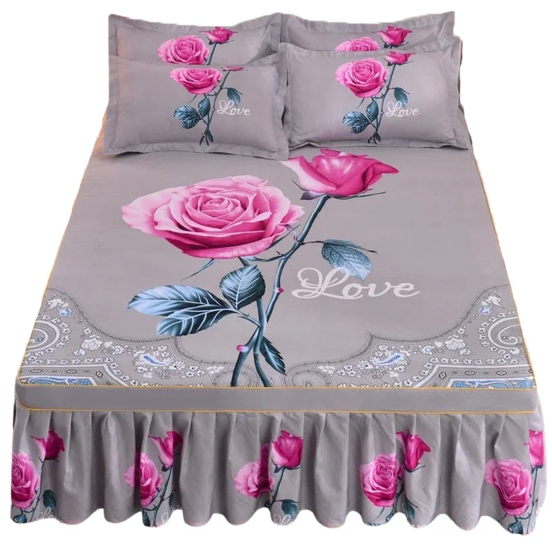 WASART Pink rose flower printed bed skirt couple wedding bedspread 150/180 bed linens 2 people luxury double bed sheet king size