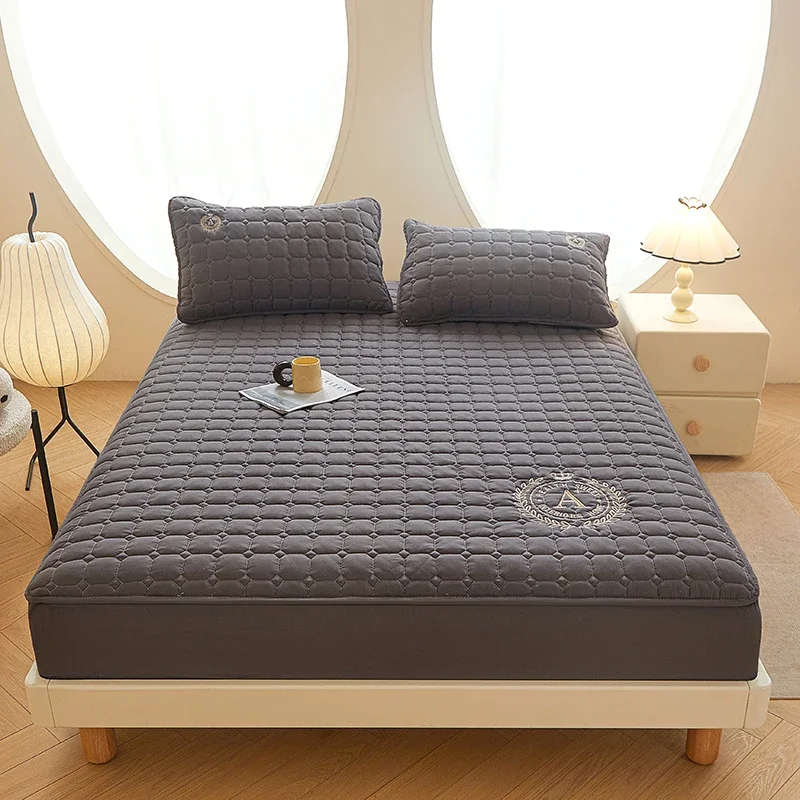 WASART Thicken quilted mattress protector cover solid embroidery luxury double bed elastic fitted sheet style bed protection pad