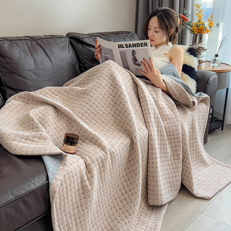 Pure Cotton Throw Blanket Soft Muslin Throws Blankets for Couch, Sofa, Bed Luxury Lightweight Boho Large Summer Blanket Quilt