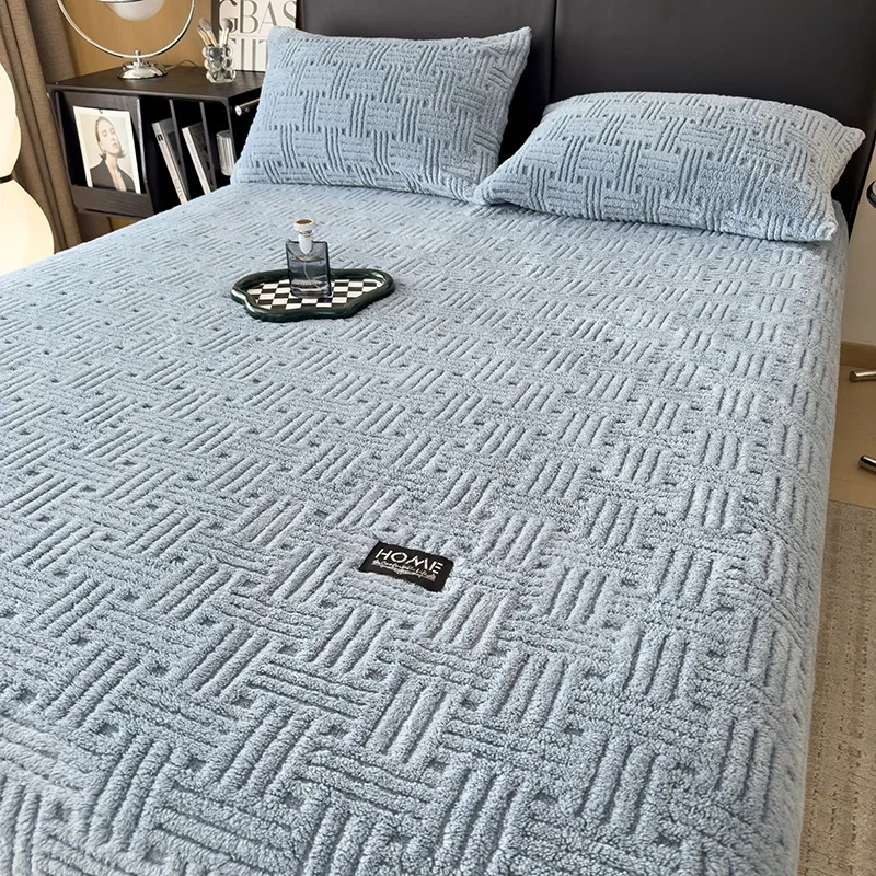 WASART Fluffy coral fleece fitted sheet elastic mattress cover warm plush bed linen couple luxury double bed bedding king size