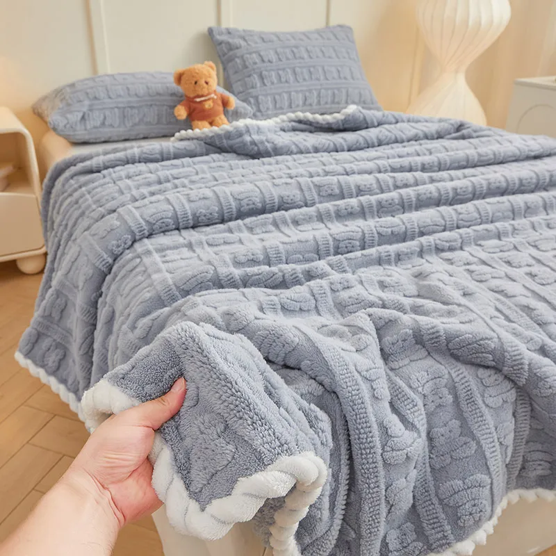Luxury Soft Faux Fur Throw Blanket Fluffy Warm Solid Color Plush Blanket for Sofa Bed Single Double Spring Autumn 3D Bear Throw