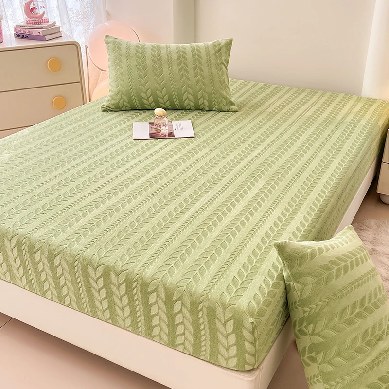 WASART Winter coral fleece jacquard fitted sheet elastic mattress protector cover warm fluffy plush bed linens 150x200 king size