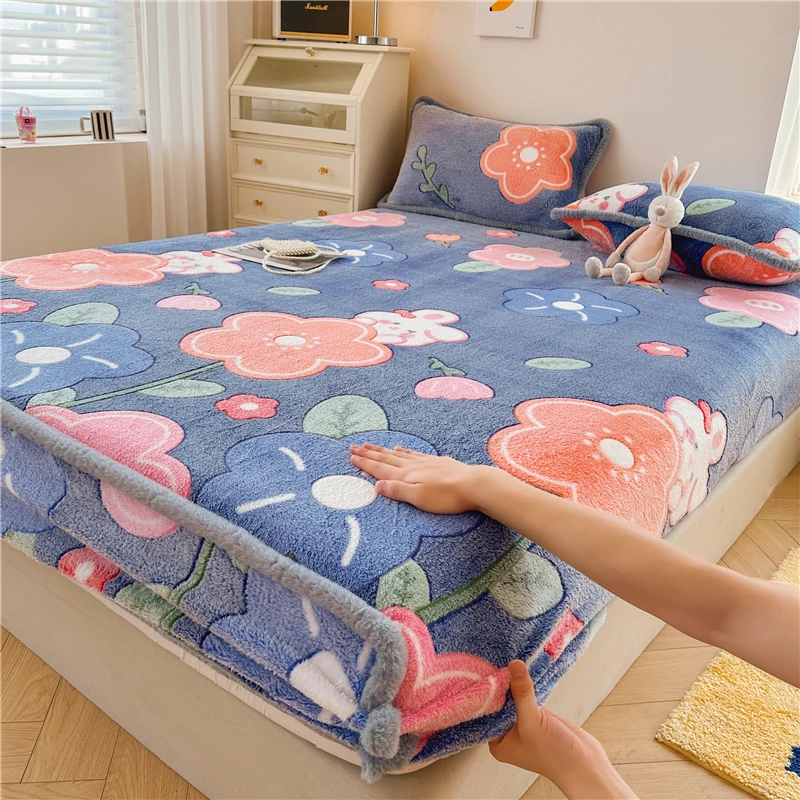 WOSTAR Winter thermal velvet fleece fitted sheet elastic mattress protector cover double bed couple fluffy flannel bed linen 150