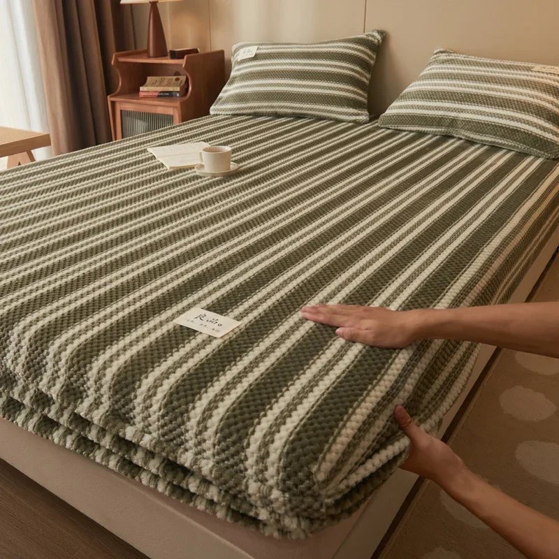 WASART Winter warm coral fleece fitted sheet elastic mattress cover 150x200 fluffy plush bed linen luxury double bed king size