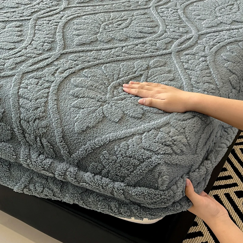 WASART Soft warm coral fleece fitted sheet elastic mattress protector cover retro jacquard winter fluffy plush bed linen 180x200