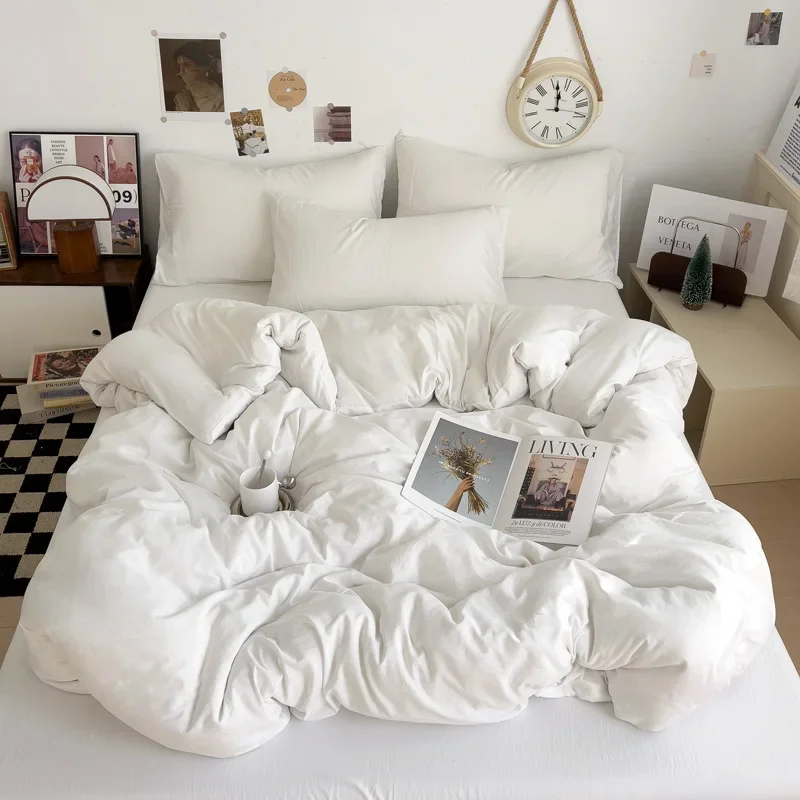 WASART Solid Color Washed Cotton 4-Piece Bedding Set Soft Durable Four Season Bed Sheets & Pillowcases for King Queen Full Size