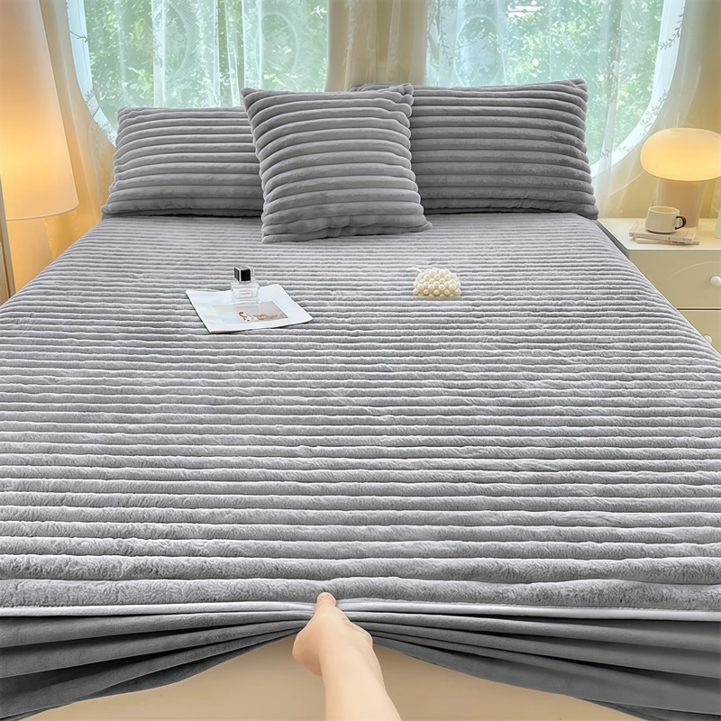 WASART Fluffy Rabbit Plush Fitted Sheet Elastic Mattress Cover Warm Winter Coral Fleece bed linens Luxury Double Bed King Size