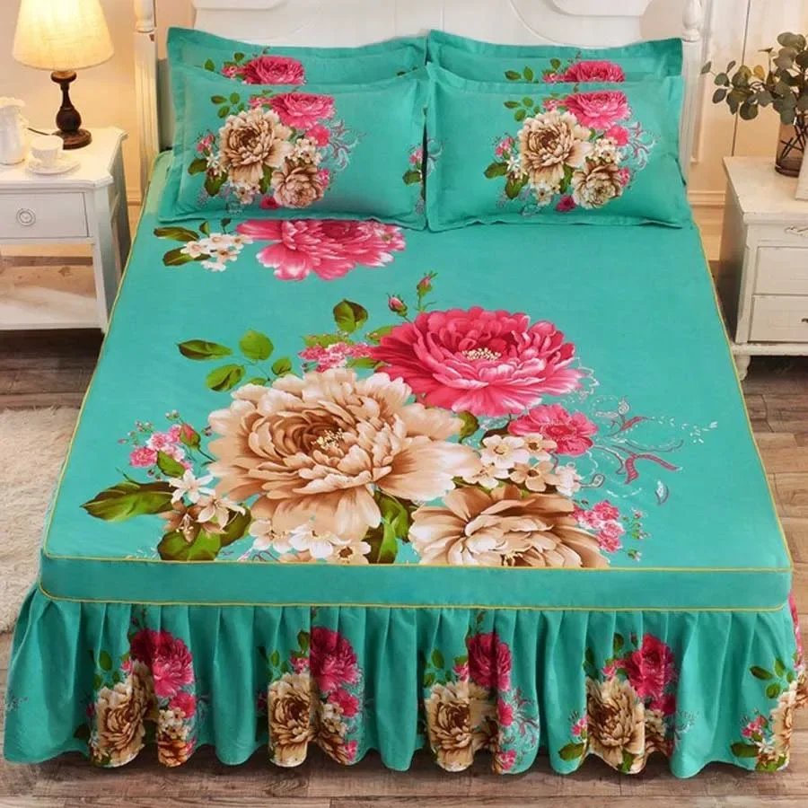 WASART Pink rose flower printed bed skirt couple wedding bedspread 150/180 bed linens 2 people luxury double bed sheet king size