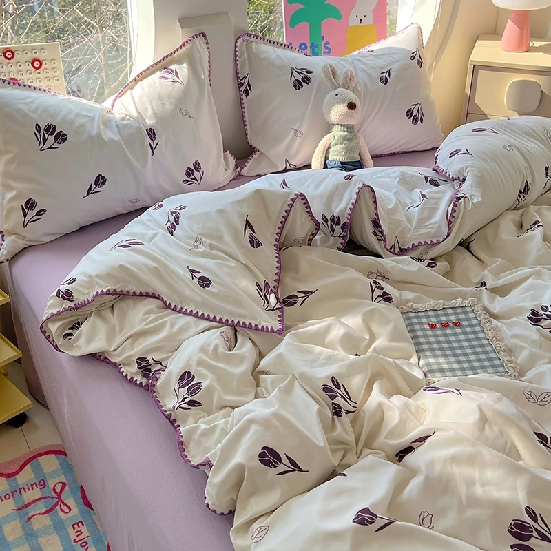 Washed Cotton Bed Linen Bedding Set Comforter Cover Pillowcase Flat/Fitted Sheet Comforter Set Single Double Bed Quilt Cover Ins