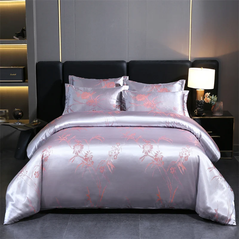 WASART Summer Satin Rayon Jacquard Duvet Cover Set 4pc Elegant Floral Luxury Bedding for Couple King Size 220x240 Cooling Fabric