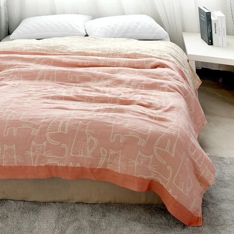 WASART Pure cotton twel muslin quilt blanket cartoon cat print luxury double bed summer bedspread thin duvet king size bedding