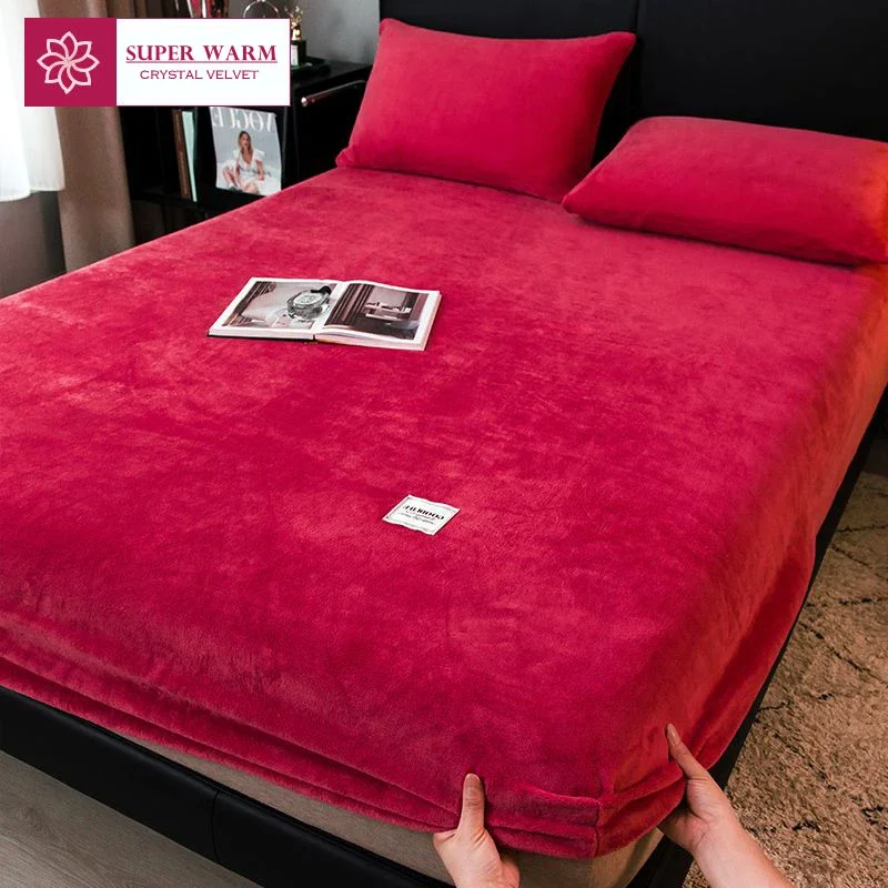 WASART Winter warm plush fitted sheet elastic mattress cover fluffy coral fleece bed linens couple luxury double bed king size