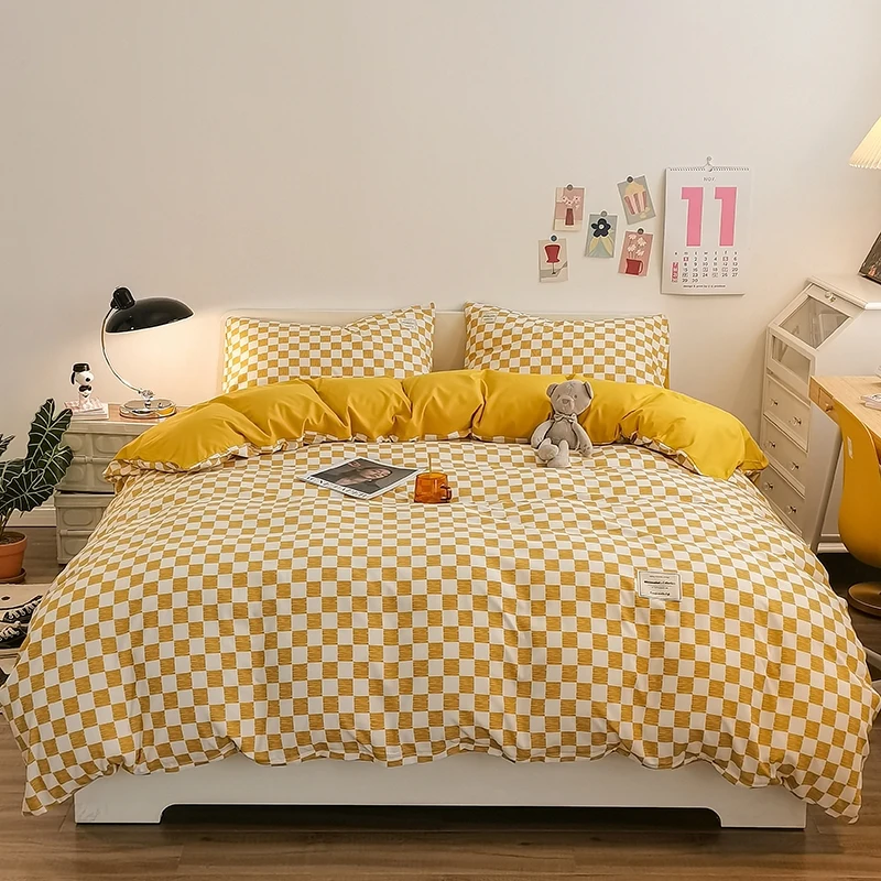 Pure Cotton Home Textile Plaid Style Bedding Set Simple Soft Duvet Cover Sheet Pillowcases Ins Style Bed Linens Queen King Size