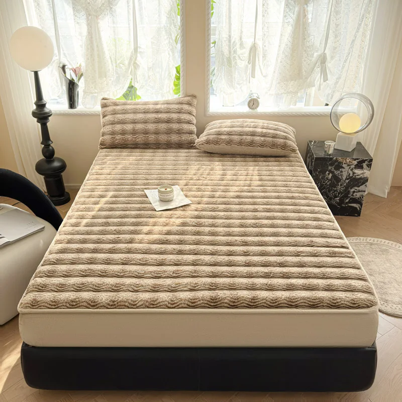 New Thickened Imitation Rabbit Fur Fitted Sheet with All Around Elastic Bands Winter Warm Bed Linen Plush Soft Mattress Cover