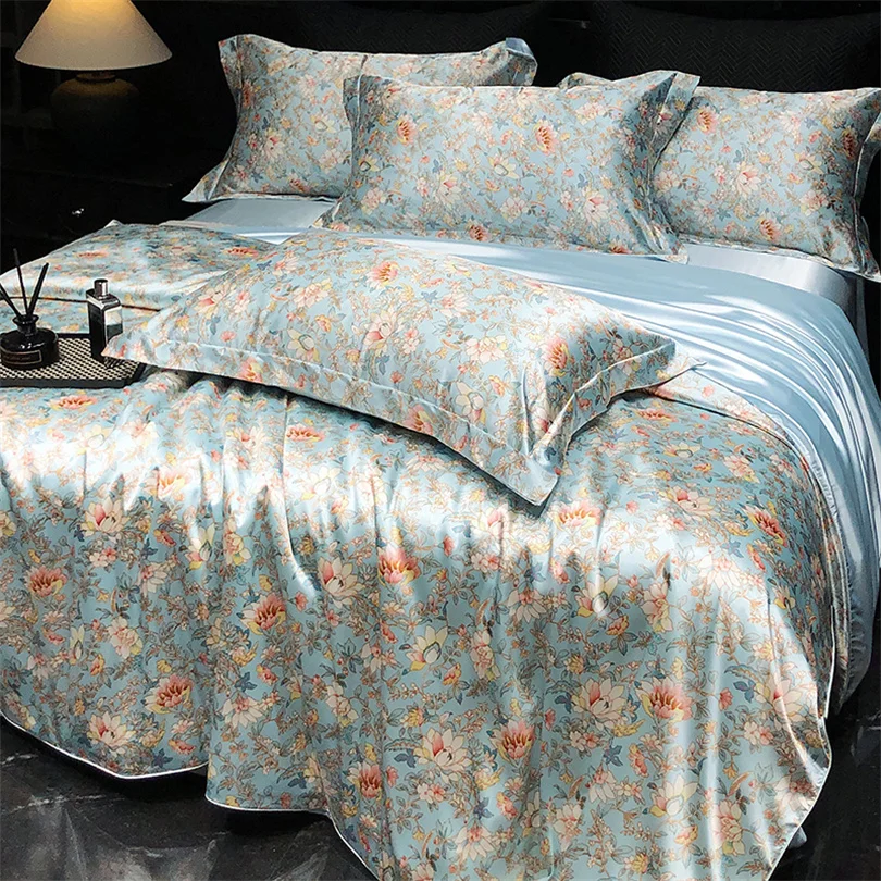 Home Silk Duvet Cover Set with Bed Sheet Pillowcase 4 Piece Natural Silk Bedding Sets Soft Smooth Comforter Covers with Zipper