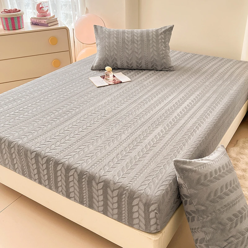 WASART Winter coral fleece jacquard fitted sheet elastic mattress protector cover warm fluffy plush bed linens 150x200 king size