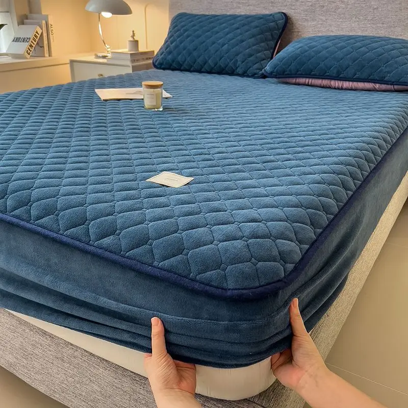 WASART Winter Warm Coral Fleece Mattress Protector Cover Quilted Thermal Elastic Fitted Sheet Luxury Double Bed Protection Pad