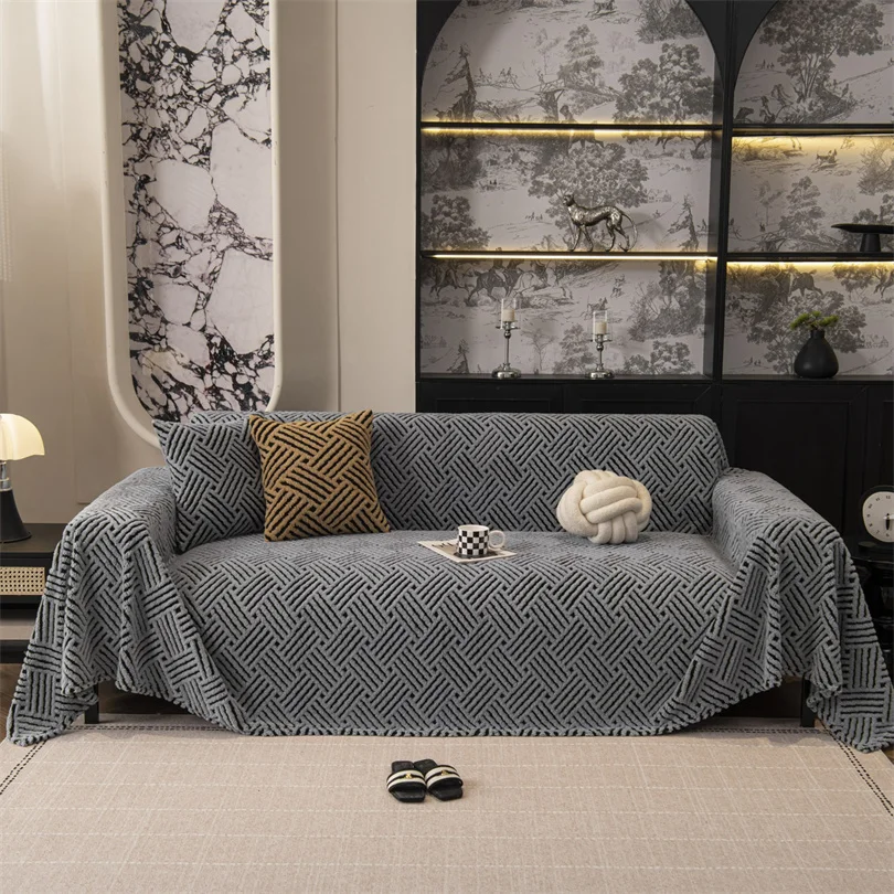 Fleece Plush Sofa Cover Cloth Thickne Anti-Slip Sofa Towel Geometric Style Couch Seat Cushion Cover Full Coverage Velvet Blanket
