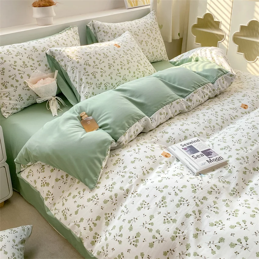 Korean Retro Floral Bedding Set 100% Washed Cotton Bed Sheets Set Soft Duvet Cover Bed Linen Pillowcase Single Double Queen King