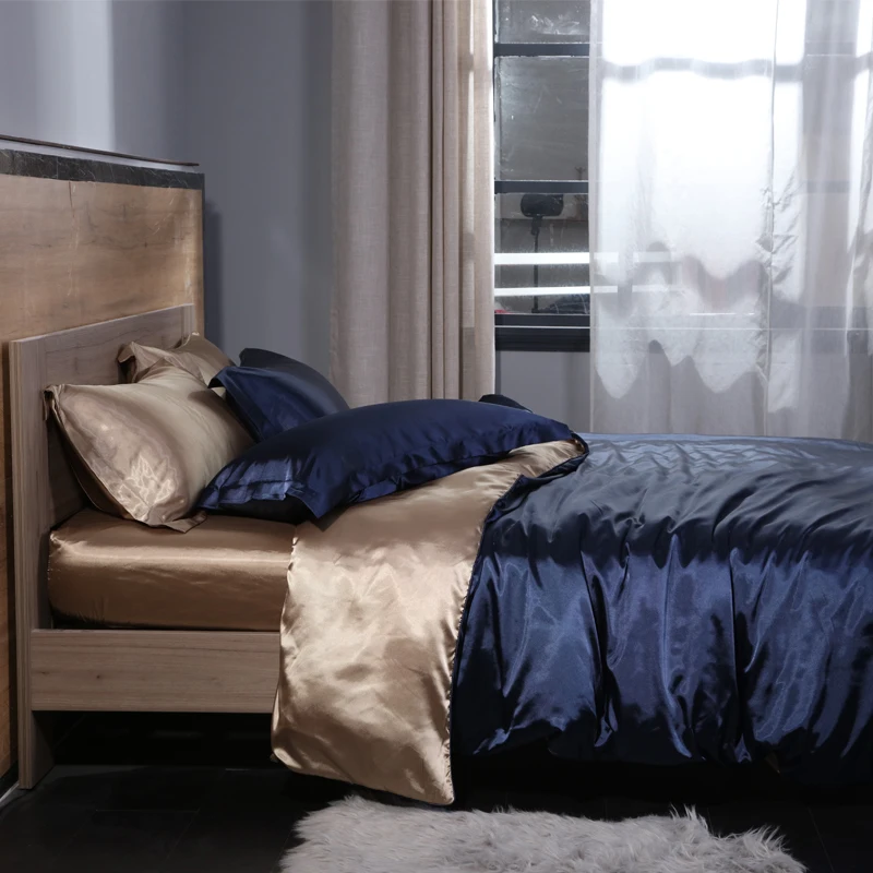 Blend Mulberry Silk Luxury Bedding Set Fitted & Flat Sheet Silky Duvet Cover Pillowcase for Home Hotel Premium Queen King Size