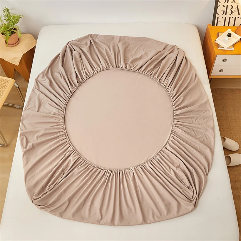 100% Cotton Fitted Bed Sheet with Elastic Band Solid Color Anti-slip Adjustable Mattress Cover for Single Double King Queen Bed
