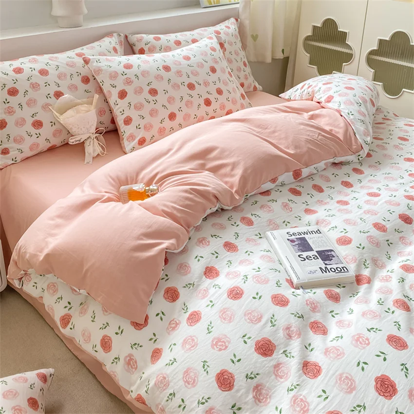 Korean Retro Floral Bedding Set 100% Washed Cotton Bed Sheets Set Soft Duvet Cover Bed Linen Pillowcase Single Double Queen King