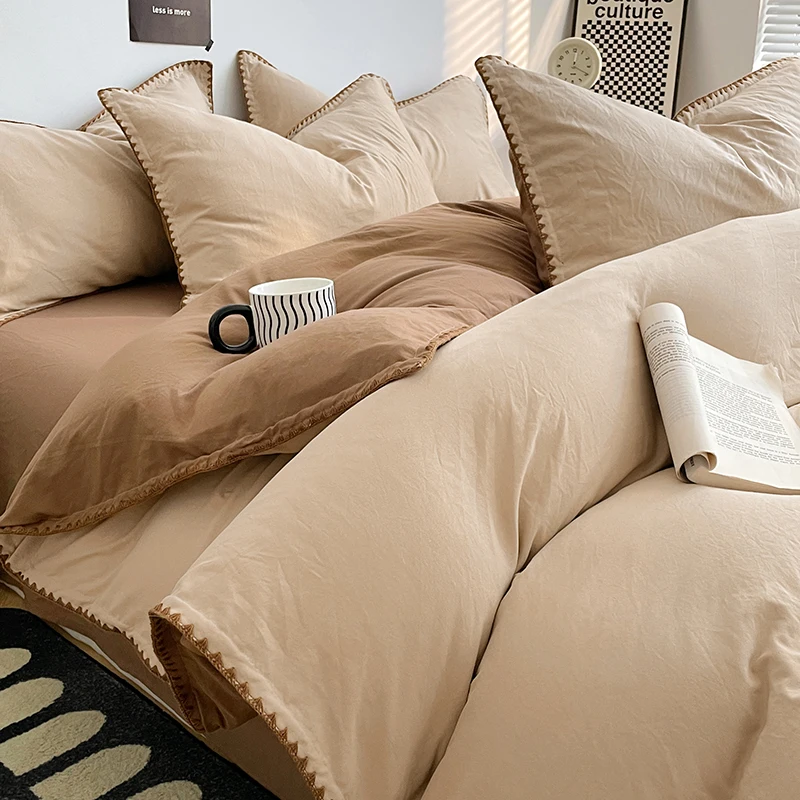 Simple Washed Cotton Bed Linen Bedding Set Four Piece Flat/Fitted Bed Sheet Set Comforter Set Full Double Couple Bed Quilt Cover