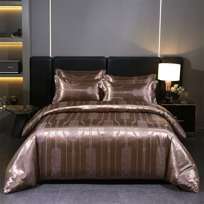 WASART Summer Satin Rayon Jacquard Duvet Cover Set 4pc Elegant Floral Luxury Bedding for Couple King Size 220x240 Cooling Fabric