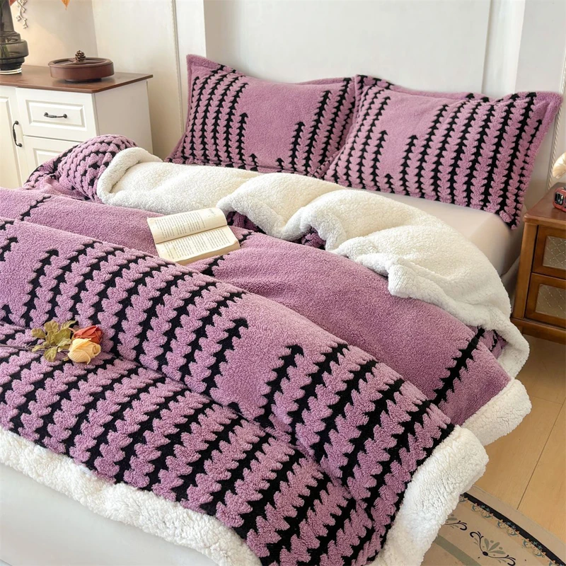 WASART Winter warm coral fleece Jacquard duvet cover fluffy plush luxury double bed couple quilt cover 220x240 cozy bedding set