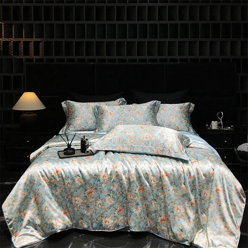 Home Silk Duvet Cover Set with Bed Sheet Pillowcase 4 Piece Natural Silk Bedding Sets Soft Smooth Comforter Covers with Zipper