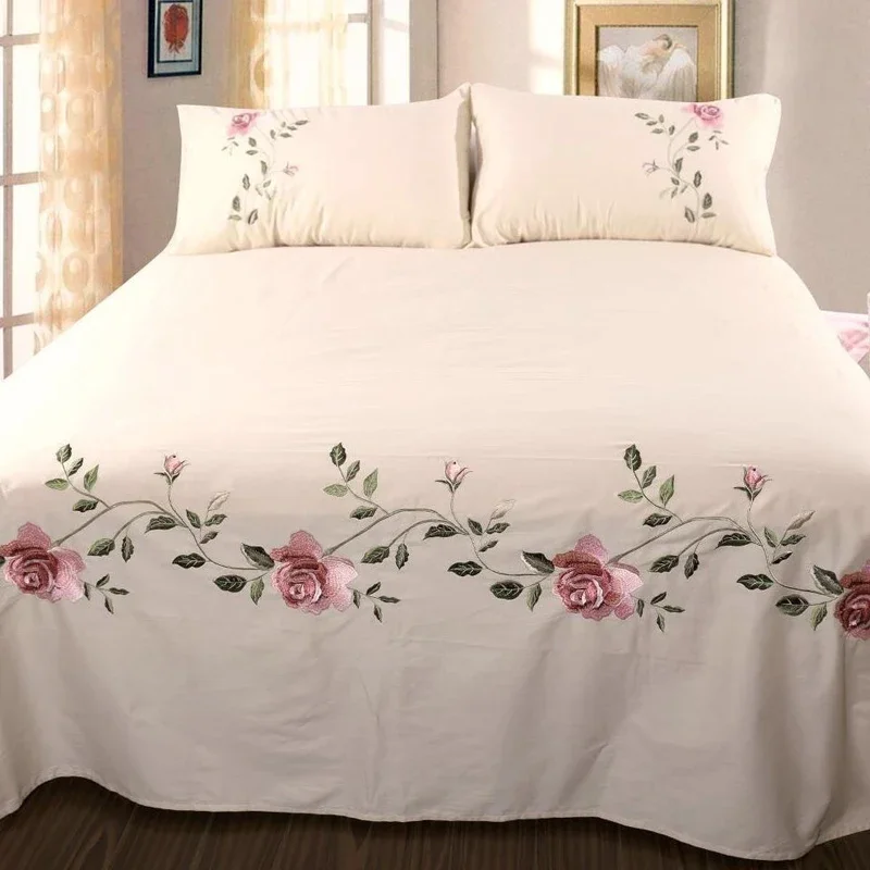 WASART Rose flora embroidery design flat bed sheet solid colour cotton twill linen bedding luxury home textiles queen king size