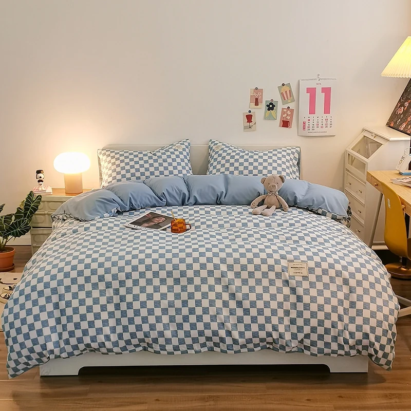 Pure Cotton Home Textile Plaid Style Bedding Set Simple Soft Duvet Cover Sheet Pillowcases Ins Style Bed Linens Queen King Size