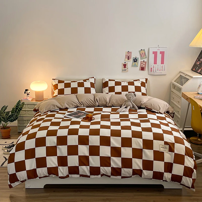 Pure Cotton Home Textile Plaid Style Bedding Set Simple Soft Duvet Cover Sheet Pillowcases Ins Style Bed Linens Queen King Size