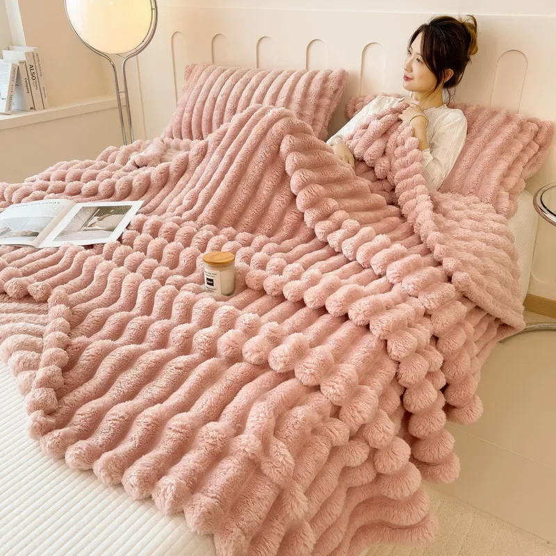 WASART Double-sided Imitation faux rabbit fur blanket autumn winter soft warm throw blanket warmth thick bed sheet extra large