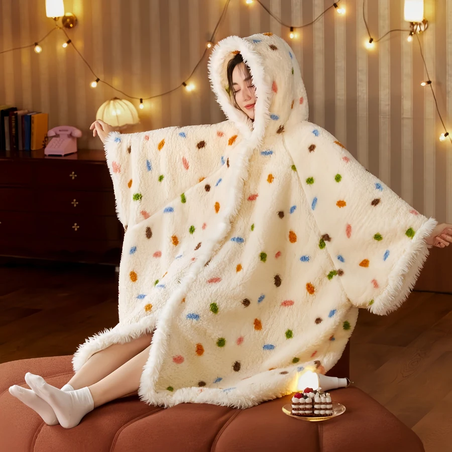 WASART Winter warm plush blanket with sleeves hooded sweater boho style wearable oversized outdoor fluffy fleece hoodie blanket