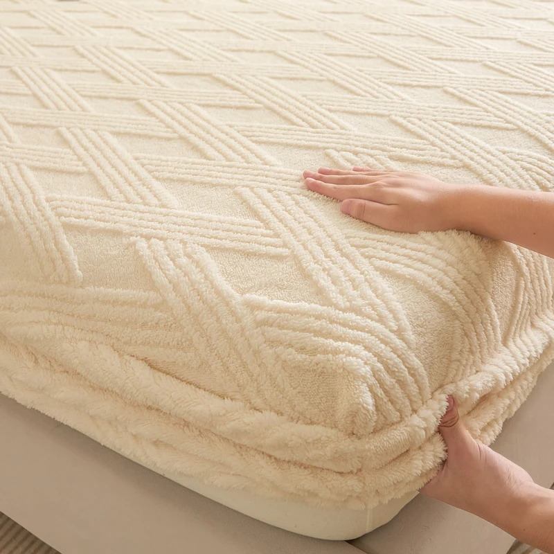 WASART Soft warm coral fleece fitted sheet elastic mattress protector cover plaid jacquard winter fluffy plush bed linen 180x200