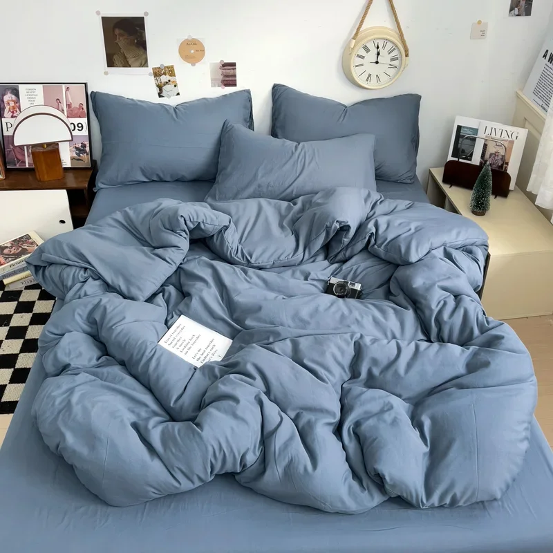 WASART Solid Color Washed Cotton 4-Piece Bedding Set Soft Durable Four Season Bed Sheets & Pillowcases for King Queen Full Size