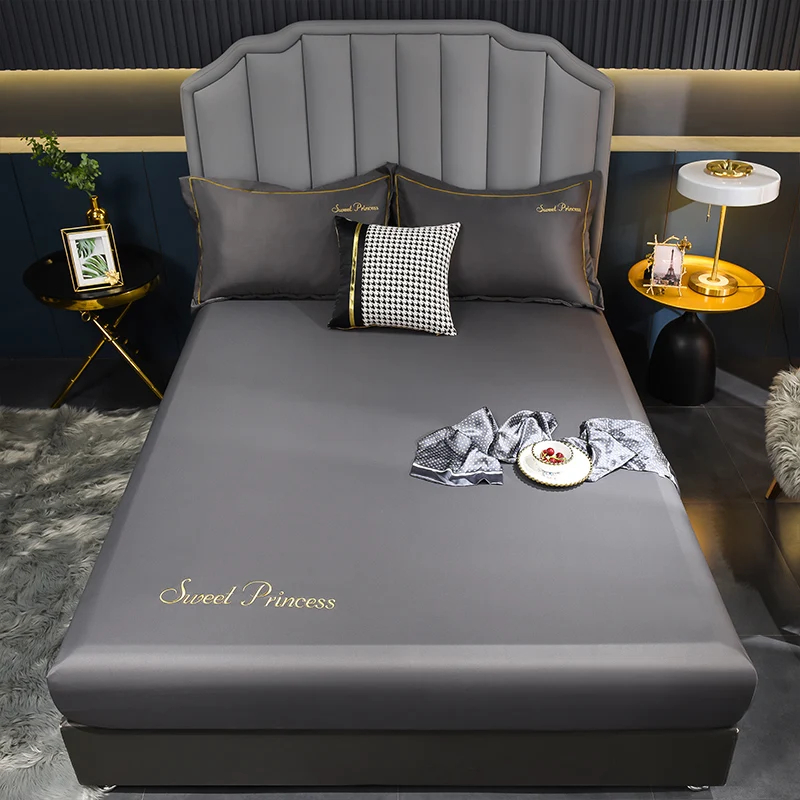 WASART Luxury Summer Satin Rayon Solid Embroidery Fitted Sheet Elastic Mattress Protector for Couples Bedding Cooling Bed Cover