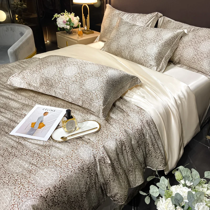 Luxury Floral Silk Bedding Set with Duvet Cover Fitted & Flat Bed Sheet Pillowcase Silky Smooth Bed Sheet Sets Twin Full Queen