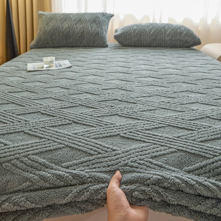WASART Soft warm coral fleece fitted sheet elastic mattress protector cover plaid jacquard winter fluffy plush bed linen 180x200