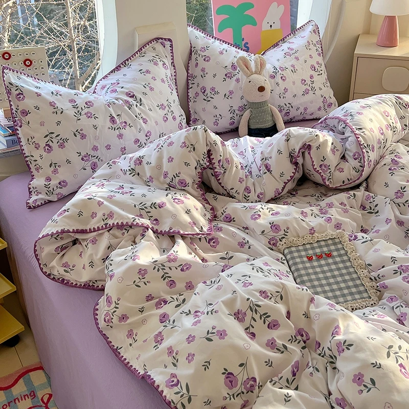 Washed Cotton Bed Linen Bedding Set Comforter Cover Pillowcase Flat/Fitted Sheet Comforter Set Single Double Bed Quilt Cover Ins