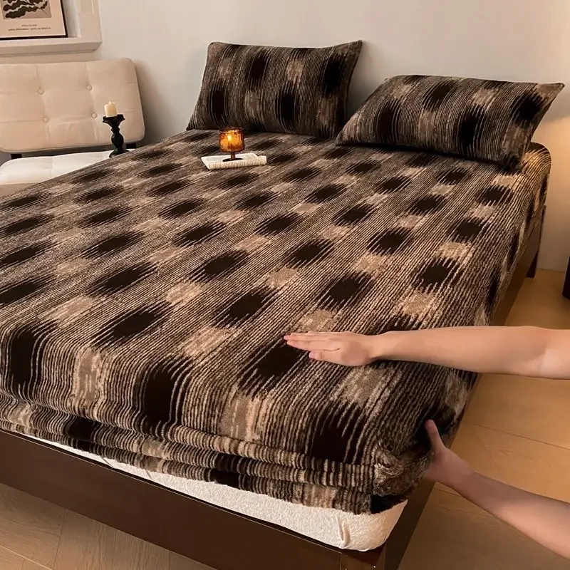 WASART Fluffy rabbit plush elastic fitted sheet mattress protector cover leopard print winter warm coral fleece bedsheet 90/150