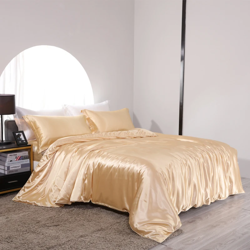 Blend Mulberry Silk Luxury Bedding Set Fitted & Flat Sheet Silky Duvet Cover Pillowcase for Home Hotel Premium Queen King Size