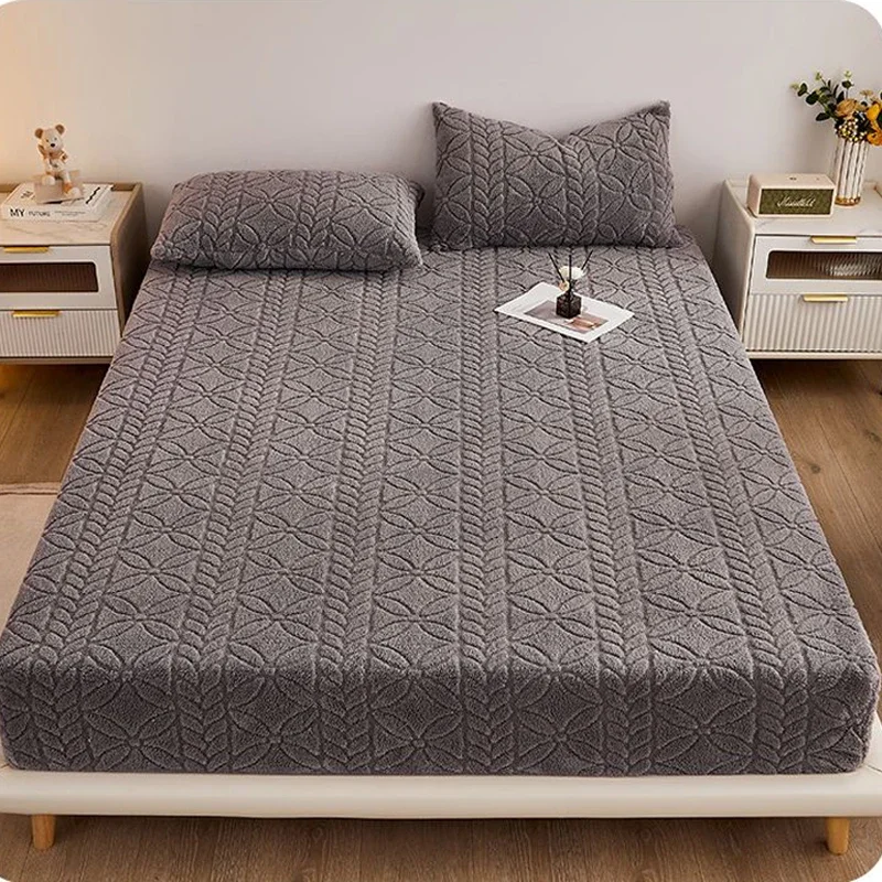 WASART Soft winter coral fleece fitted sheet elastic mattress protector cover warm plush bed linen luxury double bed king size