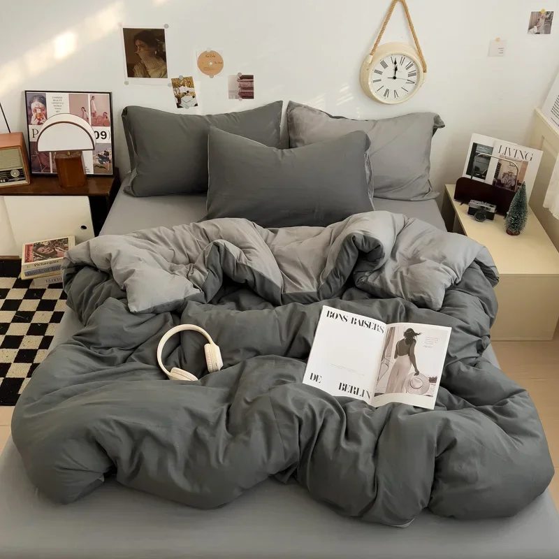 WASART Solid Color Washed Cotton 4-Piece Bedding Set Soft Durable Four Season Bed Sheets & Pillowcases for King Queen Full Size