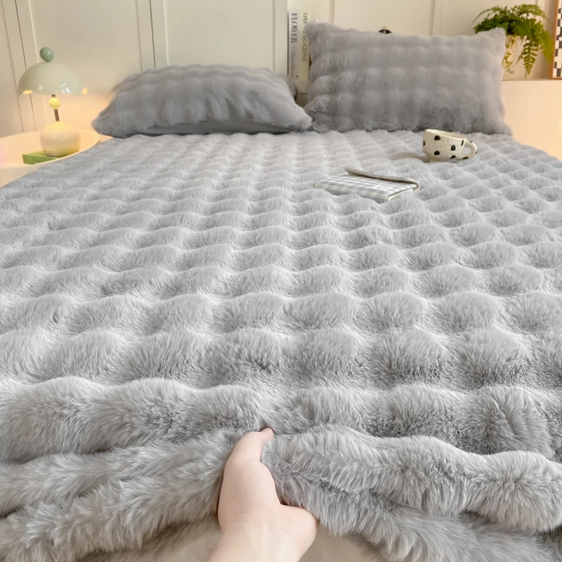 WASART Warm Winter Plush Fitted Sheet Elastic Mattress Protector Cover Fluffy Bubble Coral Fleece Bed Linens 180x200 King Size