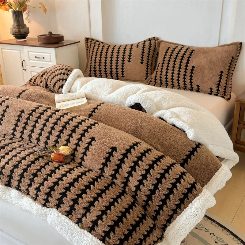 WASART Winter warm coral fleece Jacquard duvet cover fluffy plush luxury double bed couple quilt cover 220x240 cozy bedding set