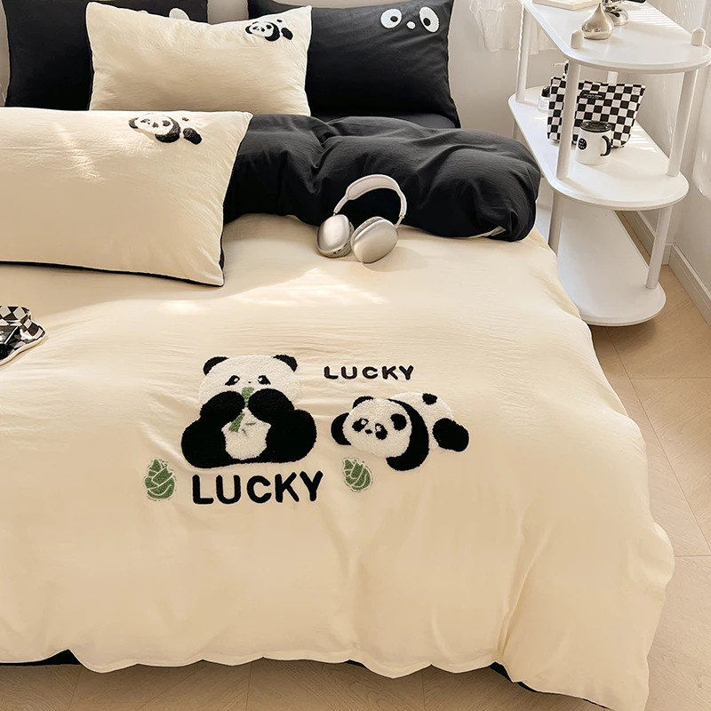 Embroidered Panda Duvet Cover Set 100% Cotton Bedding Set Flat/Fitted Sheet Quilt Cover Pillowcase Single Double Queen Size Ins